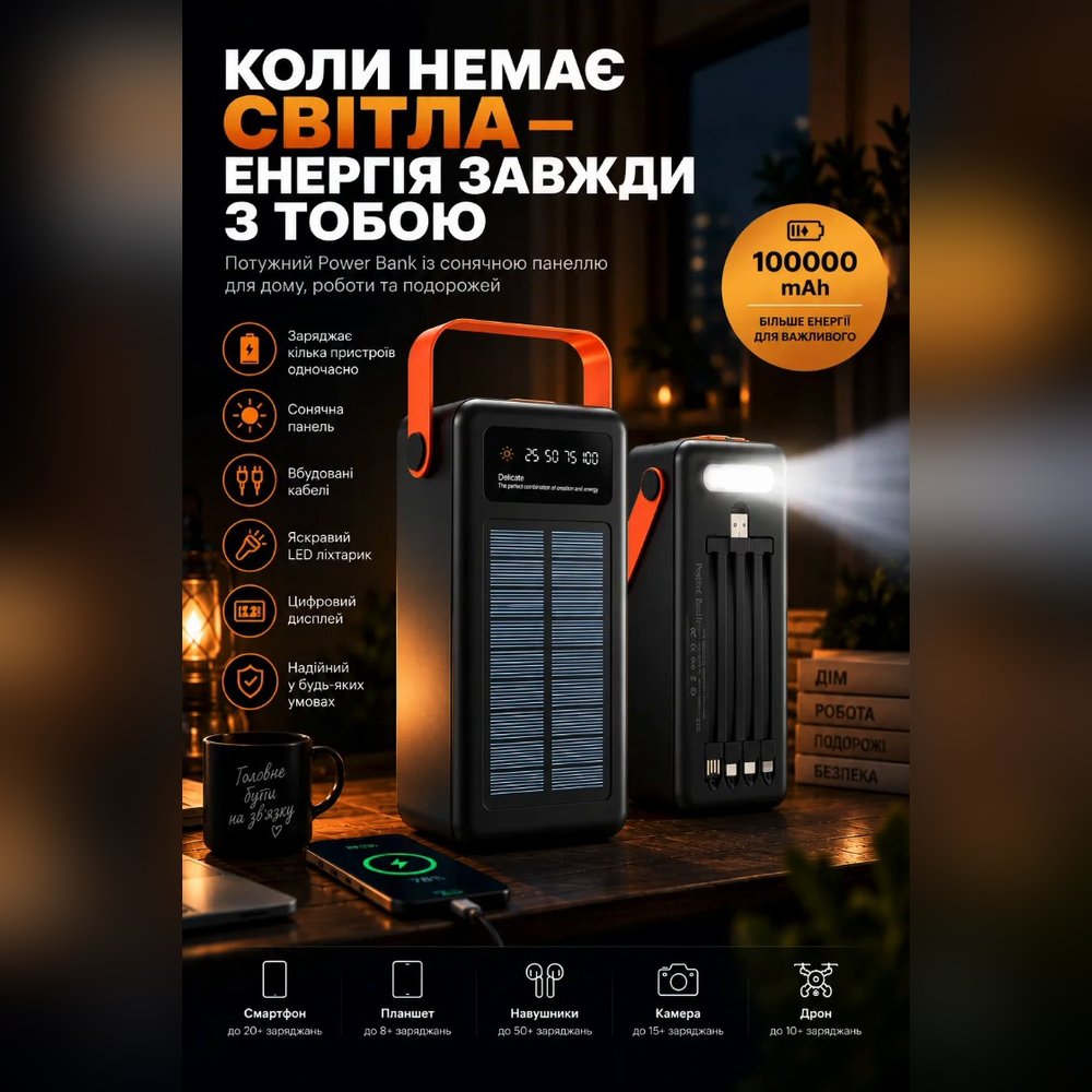 Power Bank 100000 mAh з сонячною панеллю
